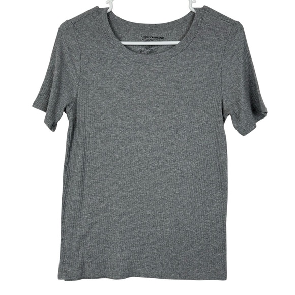 Lucky Brand Gray Ribbed Scoop Neck Short Sleeve T-Shirt Modal Cotton Blend Sz. M - Picture 1 of 6
